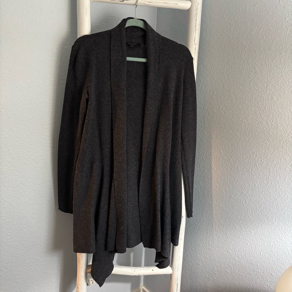 AllSaints Charcoal Keld Open Front Cardigan S Asymmetrical Wool Alpaca Blend
